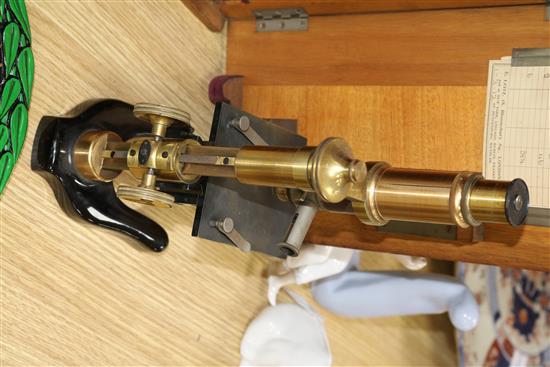 A cased microscope and two Royal College of Science plaques microscope height 37.5cm